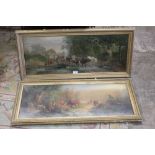 A PAIR OF ANTIQUE GILT FRAMED AND GLAZED PRINTS DEPICTING CATTLE - H 33 CM BY 86 CM
