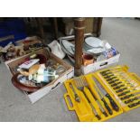 THREE TRAYS OF ASSORTED SUNDRIES TO INCLUDE A CASED SET OF KITCHEN KNIVES ETC