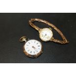 A SMALL LADIES FOB WATCH TOGETHER WITH A GOLD PLATED LADIES WRISTWATCH WITH MOTHER OF PEARL DIAL