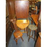 A CARVED OAK SPINNING STOOL, AN OAK BARLEYTWIST STOOL, SMALL OAK DROPLEAF TABLE AND A FIRESCREEN (