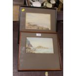 TWO ANTIQUE FRAMED AND GLAZED WATERCOLOURS OF SEASCAPES TOGETHER WITH A GREEN FRAMED WALL MIRROR (