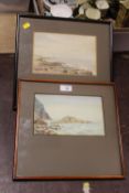 TWO ANTIQUE FRAMED AND GLAZED WATERCOLOURS OF SEASCAPES TOGETHER WITH A GREEN FRAMED WALL MIRROR (