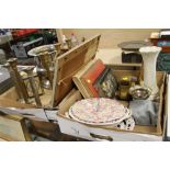 TWO TRAYS OF METALWARE AND COLLECTABLES TO INC A CHAMPAGNE BUCKET, VINTAGE BOOKS, FISHING REEL ETC