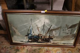 A FRAMED OIL ON BOARD OF A SHIP IN HARBOUR WITH TIDE OUT SIGNED HAWKES