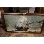 A FRAMED OIL ON BOARD OF A SHIP IN HARBOUR WITH TIDE OUT SIGNED HAWKES