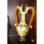 A LARGE TWIN DRAGON HANDLED MAJOLICA VASE - RESTORATION TO HORNS, H 48 CM