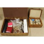 TWO LEATHER JEWELLERY BOXES AND CONTENTS TO INC A SILVER AND BUTTERFLY WING PENDANT