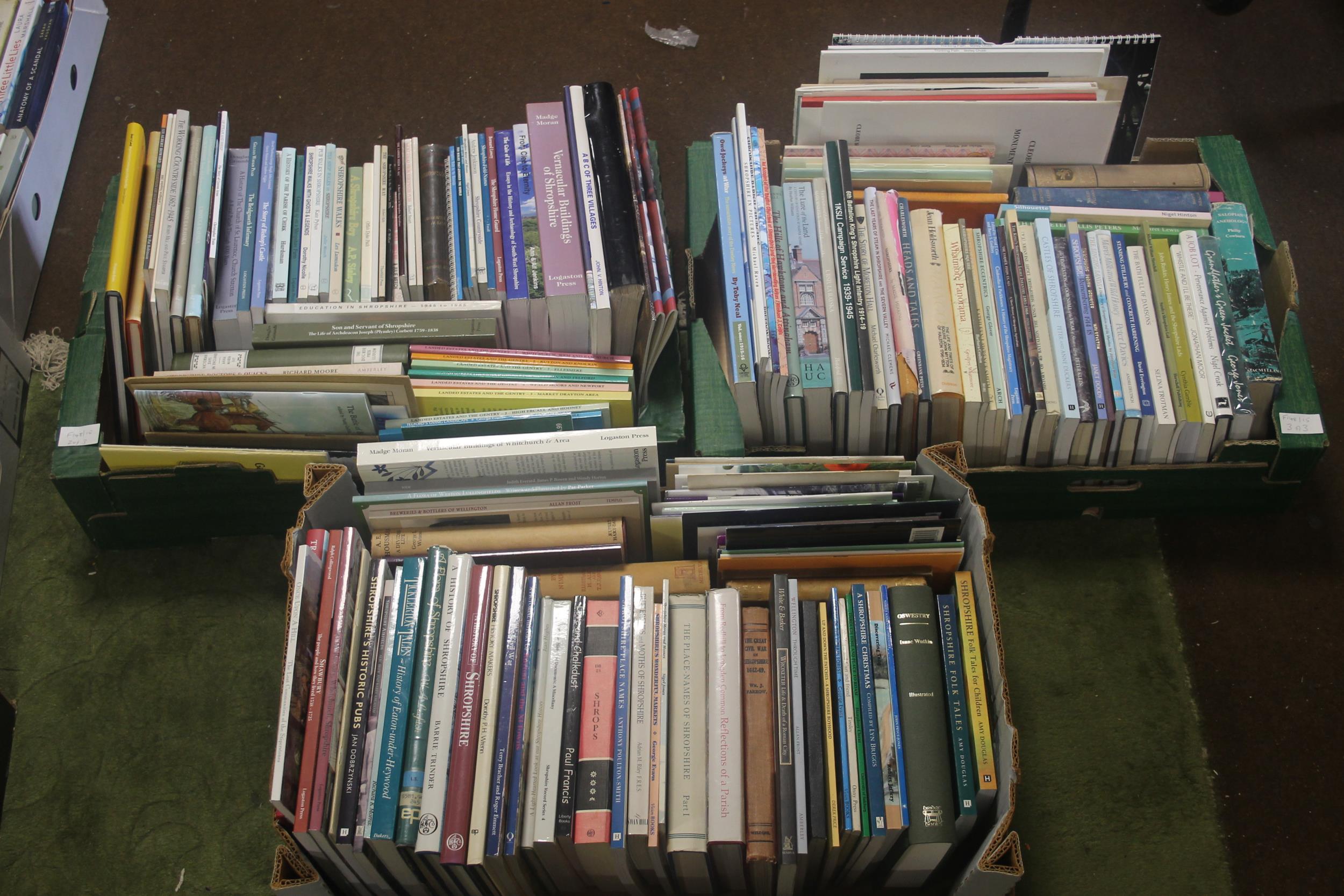 SHROPSHIRE INTEREST BOOKS - three trays of books and booklets to include topography, history,