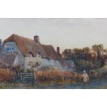 S. STAMFORD (XIX-XX). A rural wooded landscape with farm worker before a thatched cottage, signed