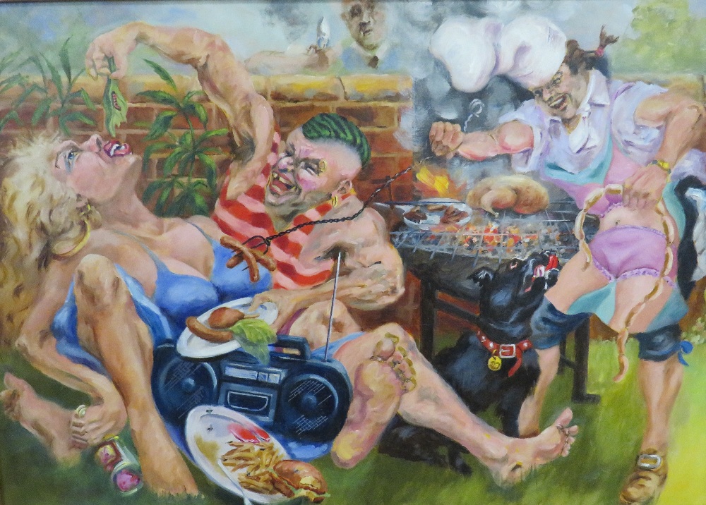 BRIAN ROBERTS (b.1933). 'Barbeque', signed lower left and titled verso, oil on board, framed, 34.5 x