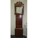 A NINETEENTH CENTURY OAK AND MAHOGANY LONGCASE CLOCK, with eight day movement, the painted face with