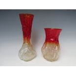 A SET OF TWO MID CENTURY STUDIO GLASS VASES, both with clear to red graduated design and bark effect