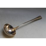 AN EARLY HALLMARKED SILVER OEP PATTERN SOUP LADLE, circa 1775 - hallmarks indistinct, approx