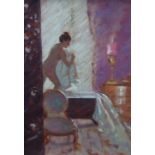 CIRCLE OF BERNARD DUNSTAN (1920-2017). Bathroom scene with young female stepping out of her bath,