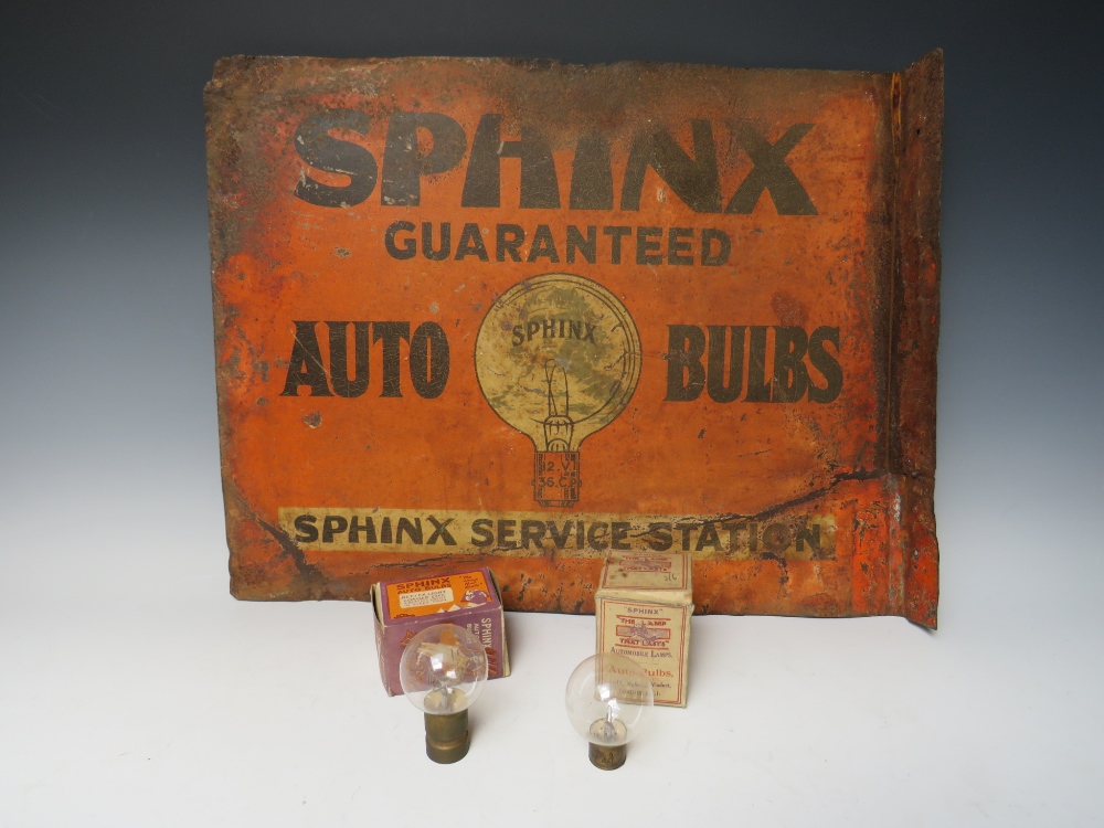 A VINTAGE 20TH CENTURY ENAMELLED METAL DOUBLE SIDED SIGN FOR SPHINX AUTO BULBS ETC. A/F, together