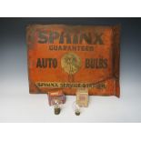 A VINTAGE 20TH CENTURY ENAMELLED METAL DOUBLE SIDED SIGN FOR SPHINX AUTO BULBS ETC. A/F, together