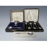 A CASED BIRMINGHAM HALLMARKED CHRISTENING SET WITH ENGRAVED INITIALS 'LJB', together with a cased