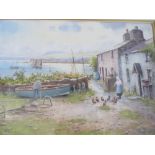 WARREN WILLIAMS (1863-1918). Coastal village scene with boats, figures, poultry, 'Noelfre Anglesey