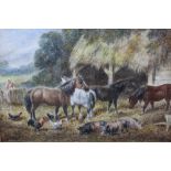 JOHN FREDERICK HERRING JNR (1815-1907). Farmyard scene with ponies, pigs and chickens, signed