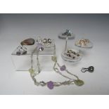 A COLLECTION OF MODERN SILVER GEMSET JEWELLERY ETC., to include earrings, ring necklace, a