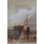 (XIX). British school, coastal shore scene with sailing vessel, horse and cart and figures,