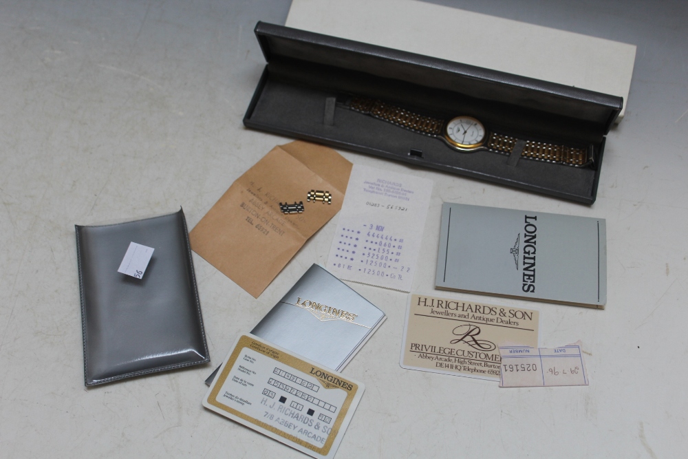 LONGINES - A BICOLOUR DATE WRIST WATCH, with box, papers, guarantee etc, Dia 3.5 cmCondition - Image 2 of 3