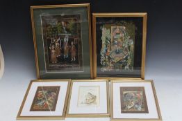 A SELECTION OF FIVE INDIAN SCHOOL MIXED MEDIA PICTURES, with typical court scenes and two showing