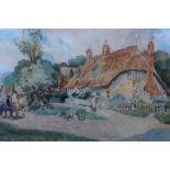 A 19TH CENTURY VILLAGE SCENE WITH FIGURES, HORSES AND POULTRY, 'An Oxfordshire Village' indistinctly