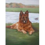 (XX-XXI) Study of an Alsatian dog resting in a river landscape, indistinctly signed with monogram