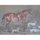 ? J CARTER. A wooded landscape with saddled hunter with terrier and hounds, signed and dated 185?