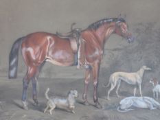 ? J CARTER. A wooded landscape with saddled hunter with terrier and hounds, signed and dated 185?