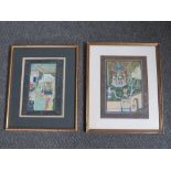 A PAIR OF VINTAGE INDIAN SCHOOL STUDIES OF FIGURES IN ORNAMENTAL GARDENS, unsigned, mixed media on