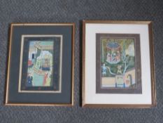 A PAIR OF VINTAGE INDIAN SCHOOL STUDIES OF FIGURES IN ORNAMENTAL GARDENS, unsigned, mixed media on