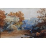 A WOODED ROCKY RIVER SCENE IN CUMBERLAND, with watermill and angler, see verso, indistinctly