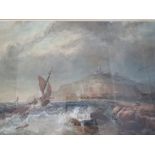 (XIX). Stormy rocky coastal scene with sailing vessel in a heavy swell being watched by a figure