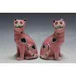 A PAIR OF GALLE STYLE POTTERY CATS, stamped to base '2013', one has a glass eye missing, H 10 cm