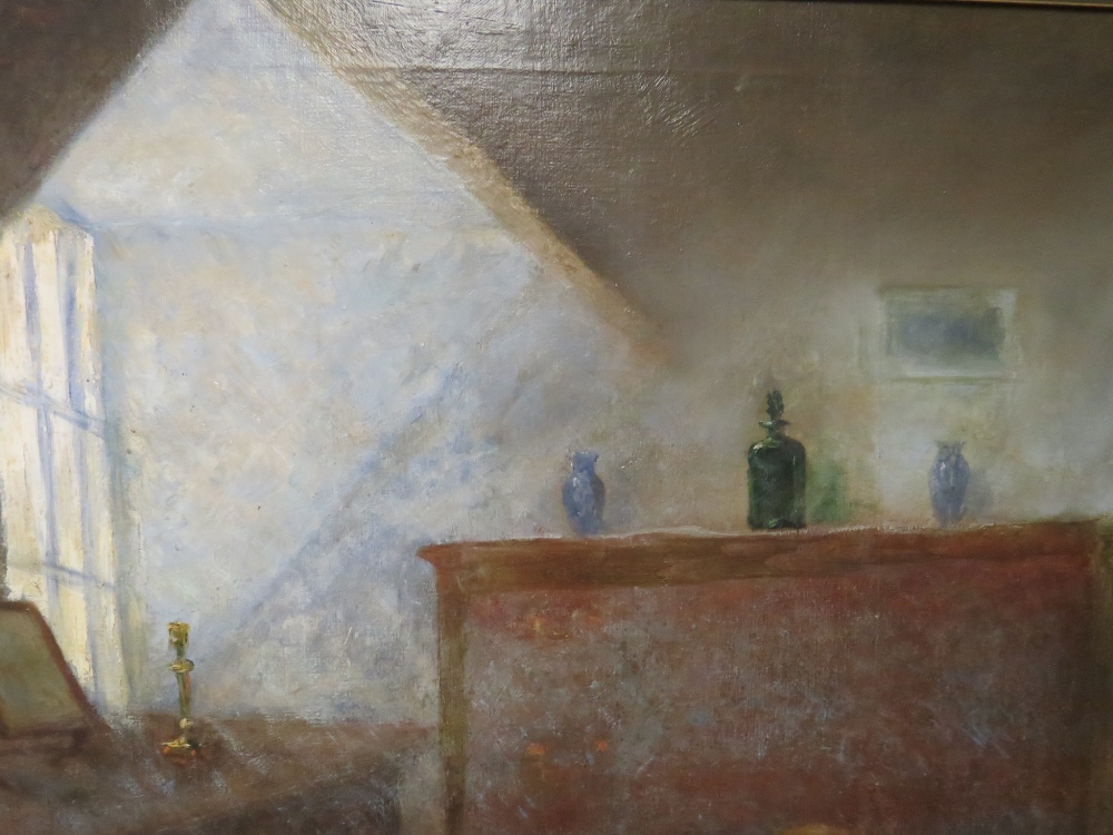 J.E. (XIX-XX). British school, cottage interior with Mother by cot, signed lower right, oil on - Image 3 of 6