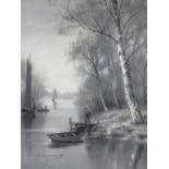 W.J.B. (XIX-XX). A pair of wooded river scenes with boats and figures en grisalle, both signed lower