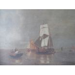 (XIX-XX). A coastal scene with sailing vessels, rowing boats and figures, Belfast frame makers label