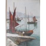 F.A. KELSON (XIX-XX). Harbour scene with figures and numerous fishing boats, signed lower right,
