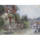 FRANK W. LONGSHAW (b.1864). Village street scene with figures, dog, horses and donkey, signed