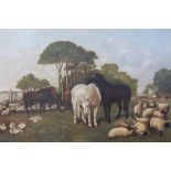 ENGLISH SCHOOL (XIX-XX). Horses, sheep and ducks in a country landscape, oil on canvas, gilt framed,