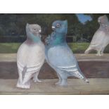 (XX). Study of doves in an ornamental garden, unsigned, oil on canvas laid on board, framed, 18 x 29