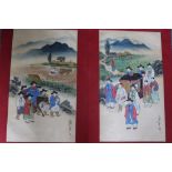 (XIX-XX). A pair of Japanese extensive farmland landscapes with figures, mountain beyond,