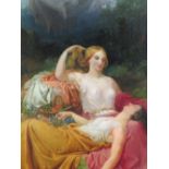 FRENCH SCHOOL (19TH CENTURY). Two semi clad maidens with winged angels looking down, oil on