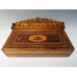 A 19TH CENTURY WRITING SLOPE, with inlay to top and gallery to rear, H 19 cm, L 48 cm, W 29 cm