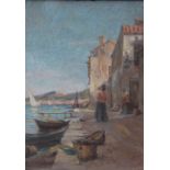 MANUEL BARTHOLD (1874-1947). A village harbour scene with figures, signed lower right,? ? ?, gilt