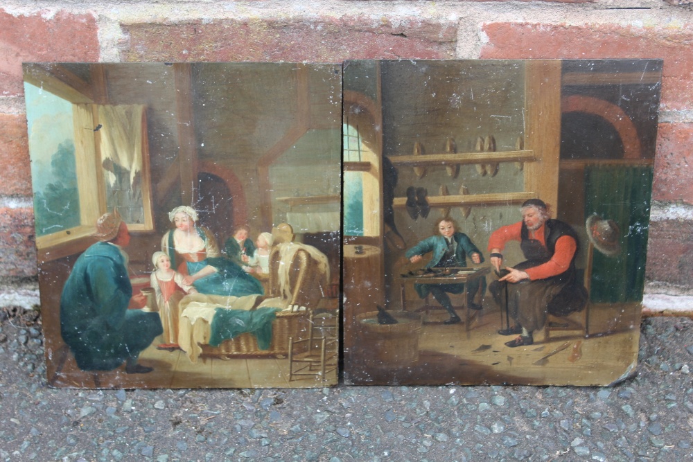 GERMAN SCHOOL (18TH CENTURY). A cobblers workshop and a kitchen interior, oils on copper, a pair,