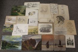 TWO TRAYS OF VARIOUS ENGRAVINGS, WATERCOLOURS AND ETCHINGS ETC., various artists and subjects to