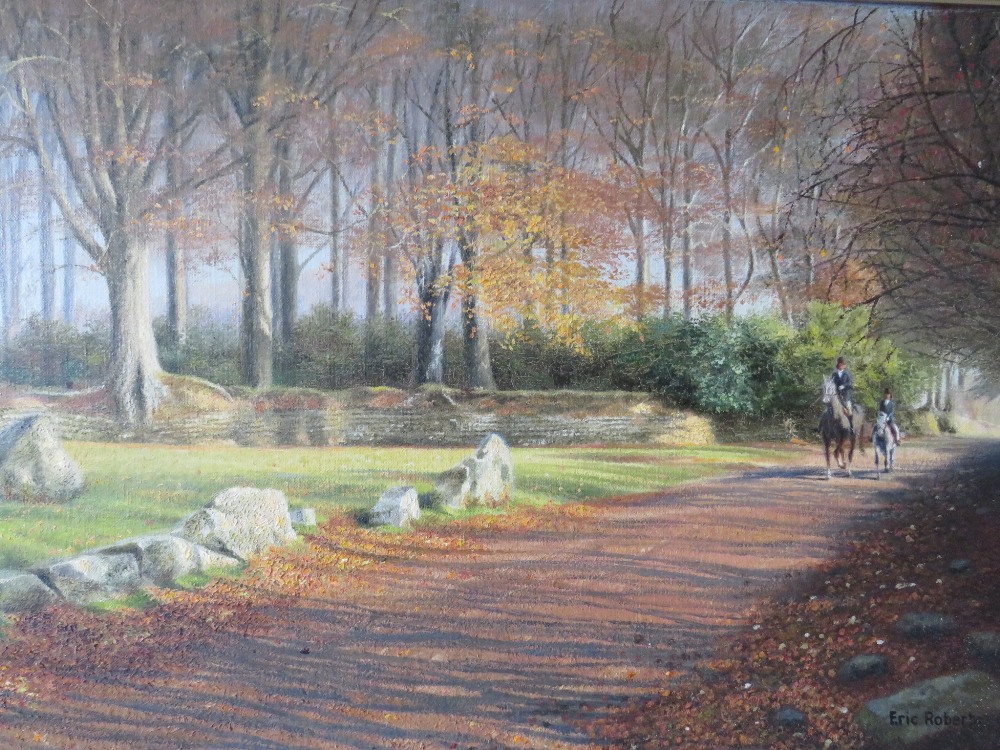 ERIC ROBERTS (XX). English school, wooded lake scene with horses and riders, 'Cast Shadows', see